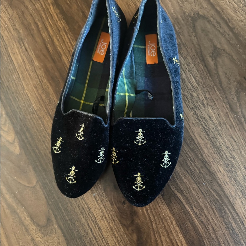 Black Velvet Loafers with Gold Anchor Embroidery